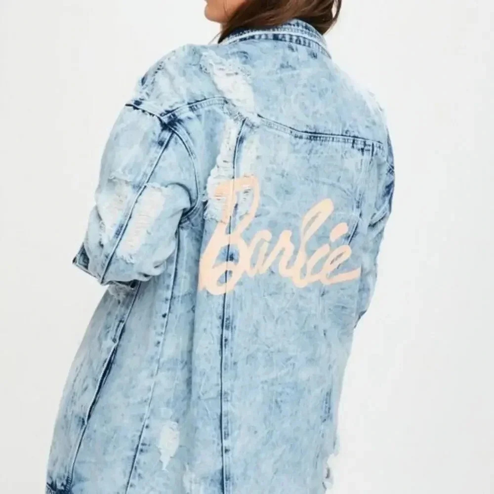Barbie X Missguided Oversized Blue Acid Wash Denim Jacket Distressed Size 6